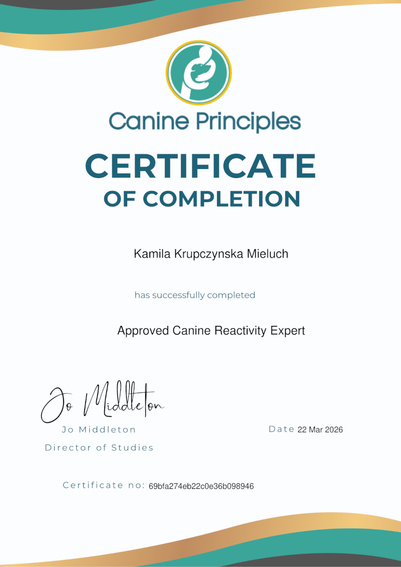 Certificate of completion of the Approved Canine Reactivity Expert programme