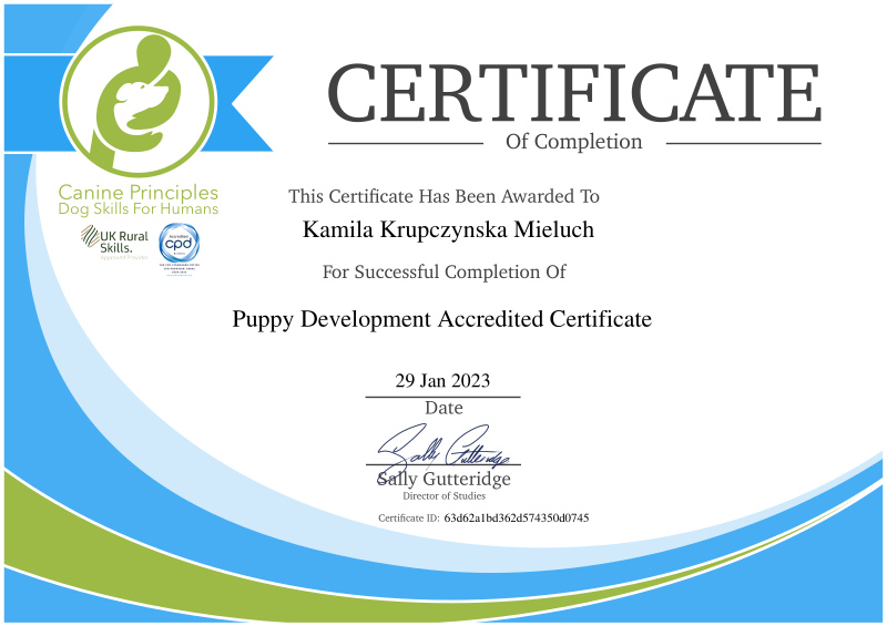 Certificate of completion of the Puppy Development Accredited Certificate
